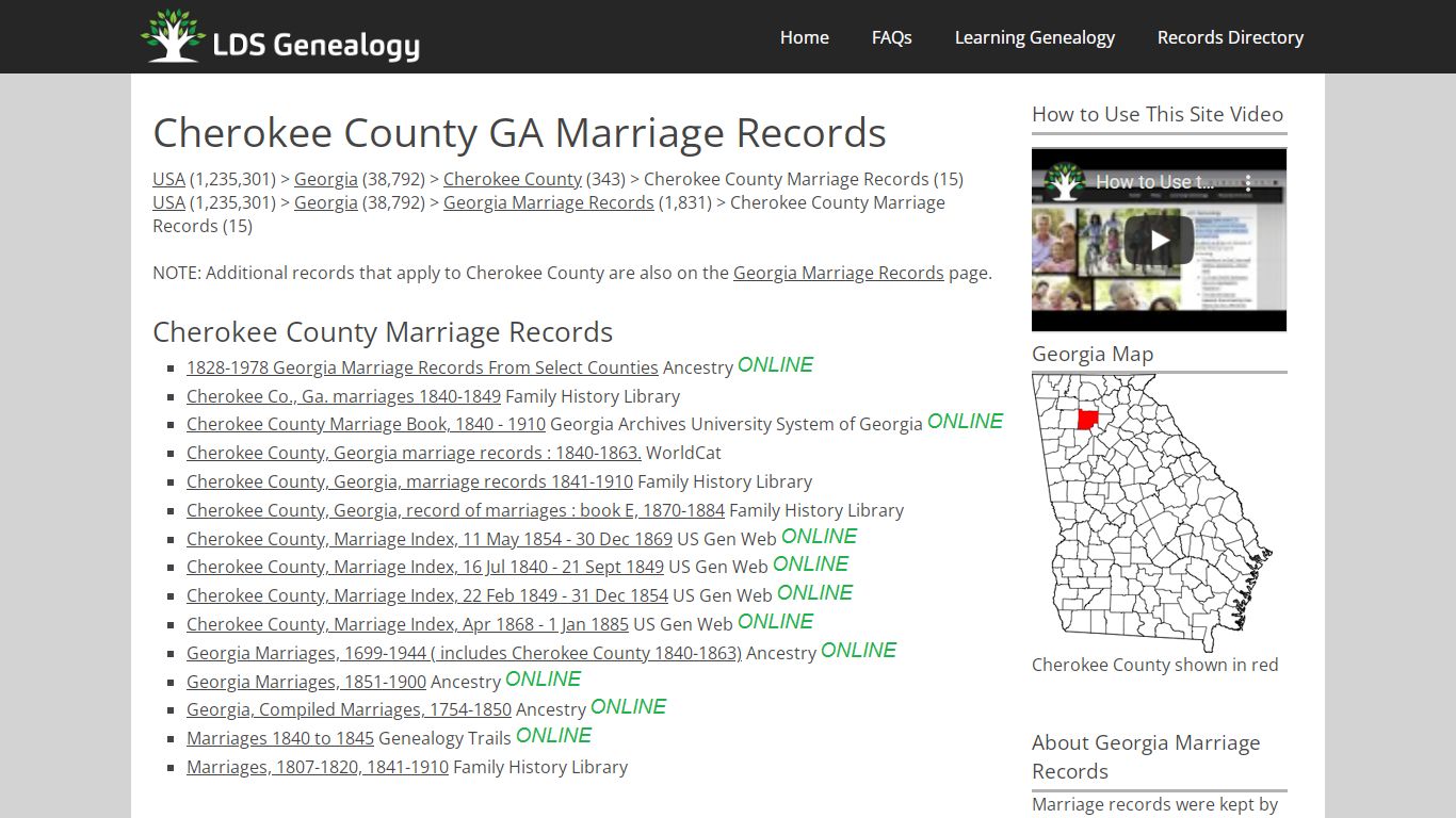 Cherokee County GA Marriage Records - LDS Genealogy